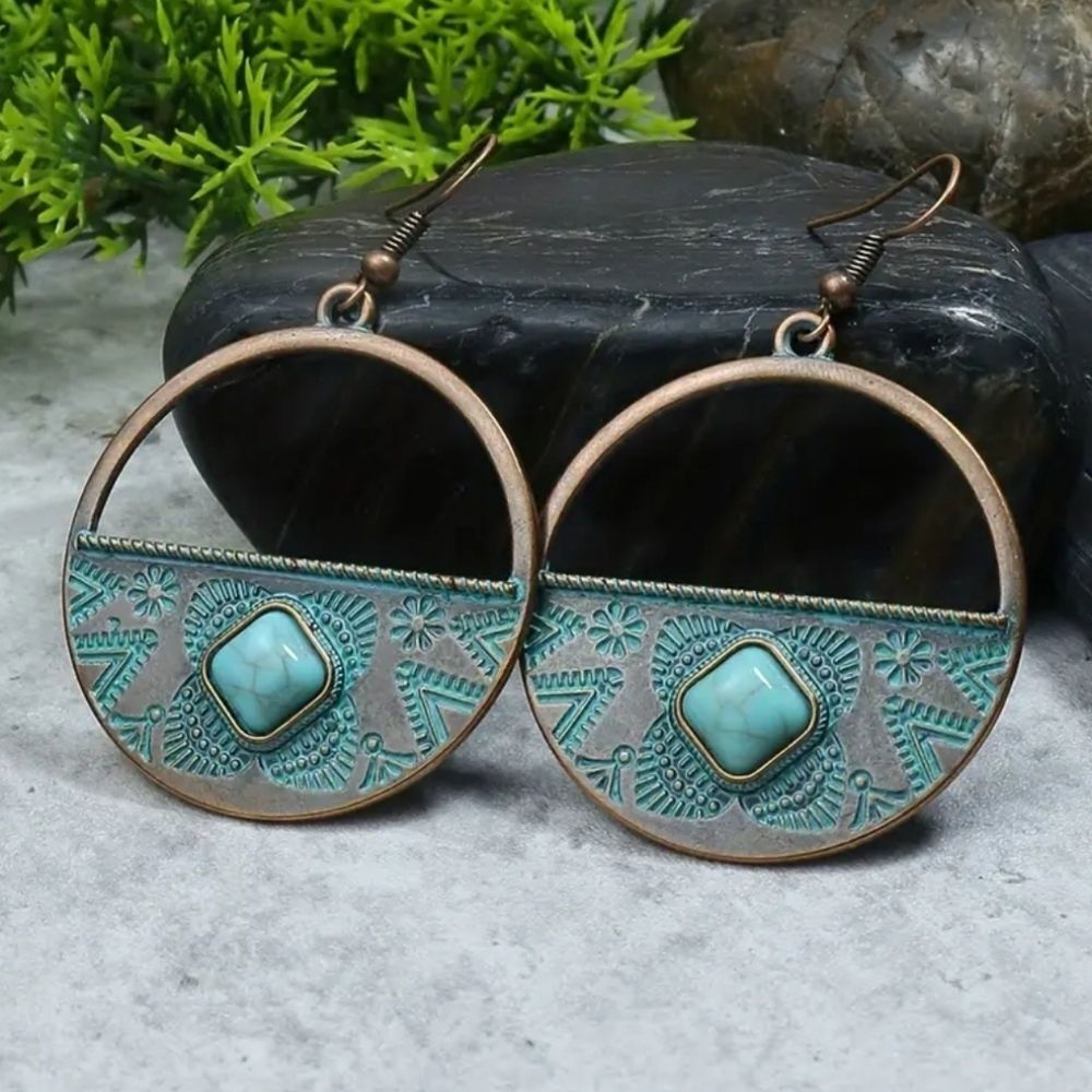 Bronze turquoise tribal engraved hoop earrings